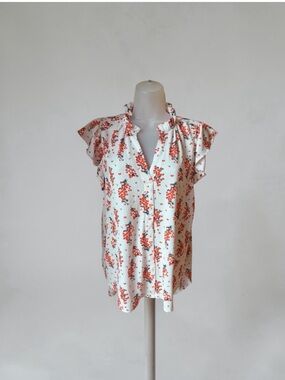 MELLODAY White Ruffled V-Neck Blouse with Red Floral Print